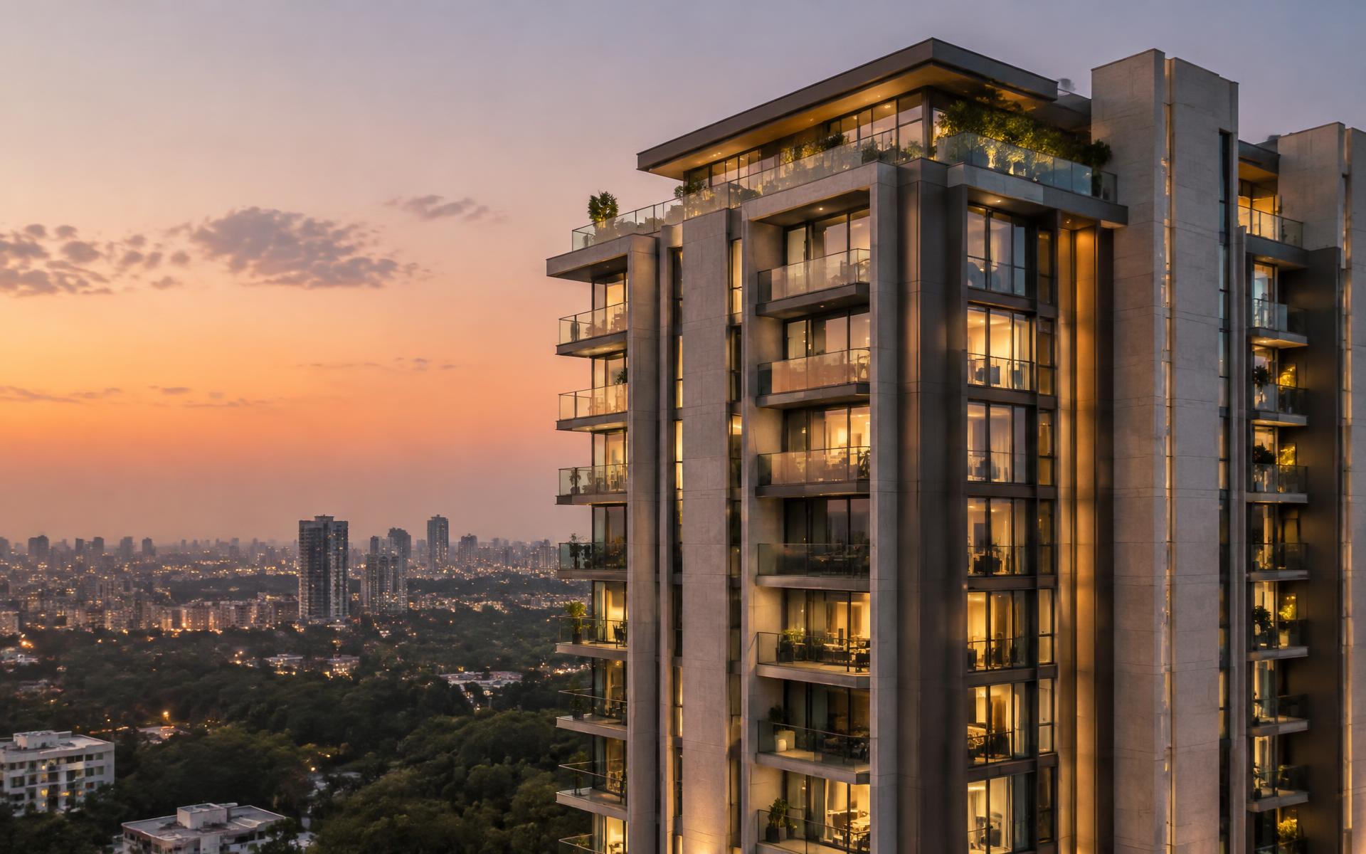Modern luxury residential tower at dusk